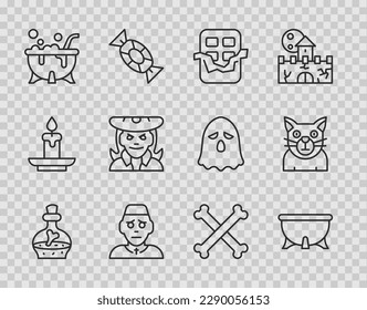 Set line Bottle with potion, Halloween witch cauldron, Chocolate bar, Priest, Witch, Crossed bones and Cat icon. Vector
