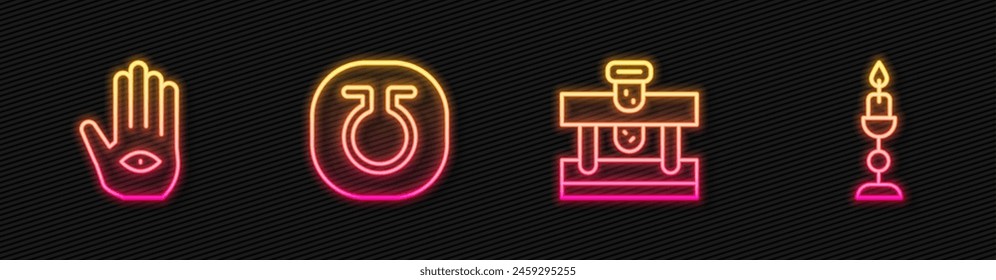 Set line Bottle with potion, Hamsa hand, Life and Burning candle. Glowing neon icon. Vector