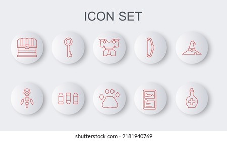 Set Line Bottle With Potion, Magic Staff, Body Armor, Card Game Collection, Chest, Old Key, Bullet And Bear Paw Footprint Icon. Vector