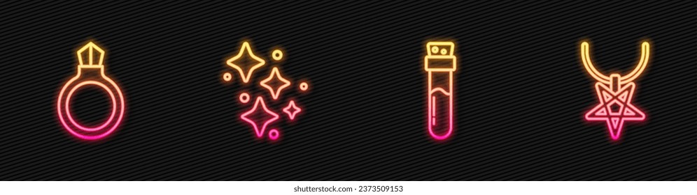 Set line Bottle with potion, Magic stone ring gem, Sparkle stars magic and Pentagram necklace. Glowing neon icon. Vector