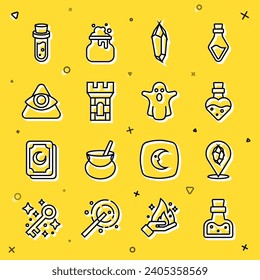 Set line Bottle with potion, Magic stone, Castle tower, All-seeing eye of God,  and Ghost icon. Vector