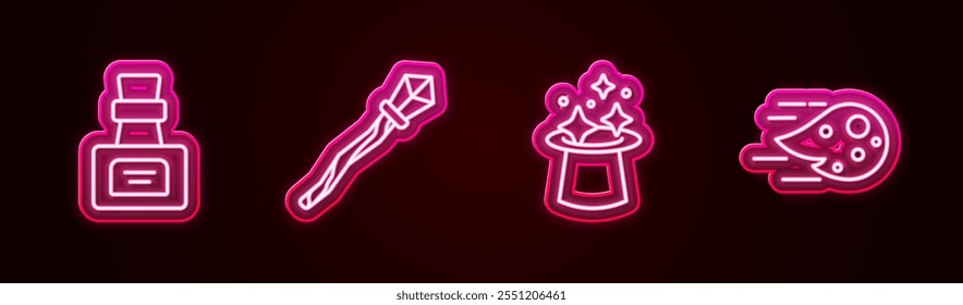 Set line Bottle with potion, Magic staff, hat and Fireball. Glowing neon icon. Vector