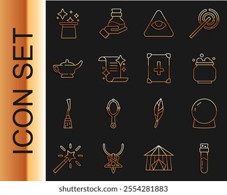 Set line Bottle with potion, Magic ball, Witch cauldron, Masons, Ancient magic book, lamp or Aladdin, hat and  icon. Vector
