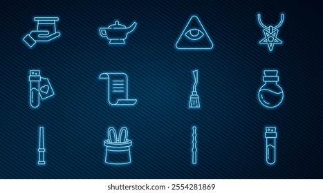 Set line Bottle with potion, Masons, Ancient magic book, love, Magician hat in hand, Witches broom and lamp or Aladdin icon. Vector