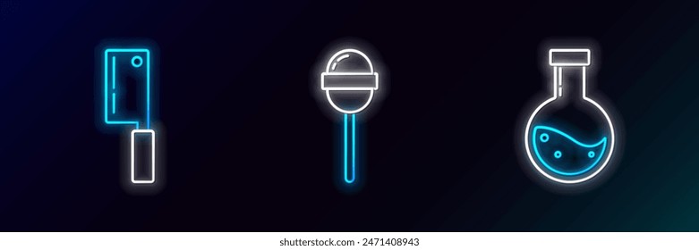 Set line Bottle with potion, Meat chopper and Lollipop icon. Glowing neon. Vector