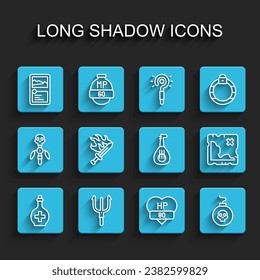 Set line Bottle with potion, Neptune Trident, Card game collection, Video bar, Bomb ready to explode, Sword for, Pirate treasure map and Lute icon. Vector