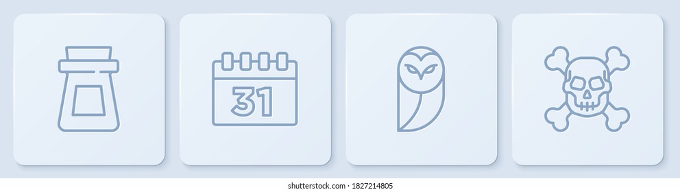 Set line Bottle with potion, Owl, Calendar Halloween and Skull crossbones. White square button. Vector