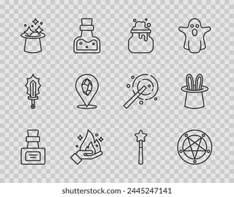 Set line Bottle with potion, Pentagram in a circle, Witch cauldron, Hand holding fire, Magic hat, stone, wand and Magician rabbit ears icon. Vector