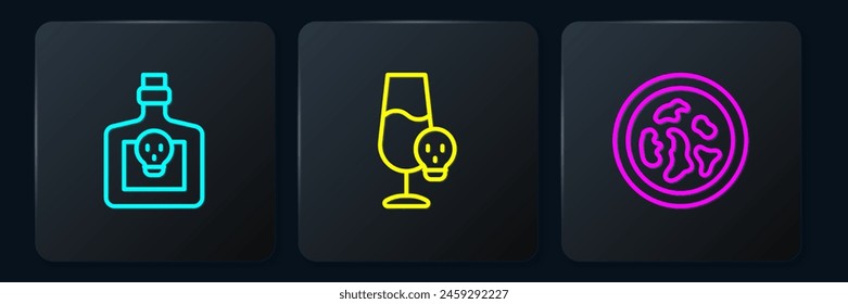 Set line Bottle with potion, Petri dish bacteria and Poisoned alcohol. Black square button. Vector