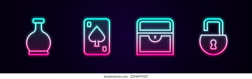 Set line Bottle with potion, Playing cards, Antique treasure chest and Open padlock. Glowing neon icon. Vector