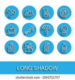 Set line Bottle with potion, Poisonous cloud of gas or smoke, Acid rain, Spray against insects, Poisoned alcohol, the arrow, Radioactive location and Fly agaric mushroom icon. Vector