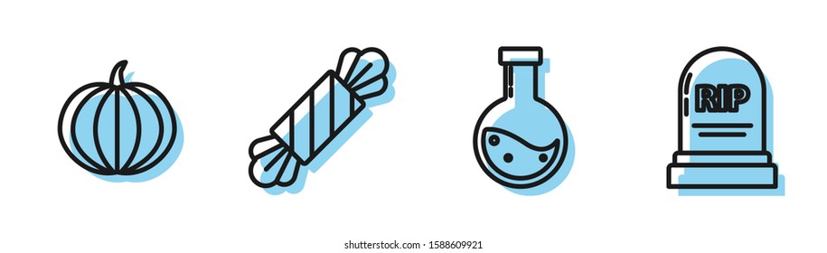 Set line Bottle with potion , Pumpkin , Candy  and Tombstone with RIP icon. Vector