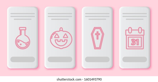 Set line Bottle with potion , Pumpkin , Coffin with christian cross  and Calendar with Halloween date 31 october . White rectangle button. Vector