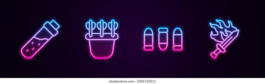 Set line Bottle with potion, Quiver arrows, Bullet and Sword for game. Glowing neon icon. Vector