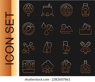 Set line Bottle with potion, Radioactive waste in barrel, Petri dish bacteria, Acid rain, Stop colorado beetle, Biohazard symbol and Experimental mouse icon. Vector