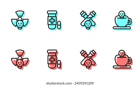 Set line Bottle with potion, Radioactive, Antidote and Coffee cup skull icon. Vector