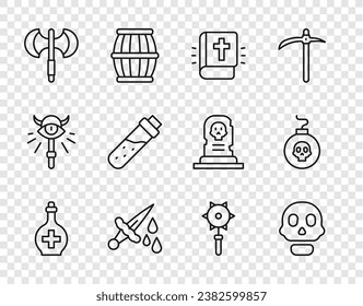 Set Line Flasche mit Tränke, Schädel, Heiliges Bibelbuch, Schwertblut, mittelalterliche Pässe, gekettete Gesichtsball und Bombe bereit zum explodieren Symbol. Vektorgrafik