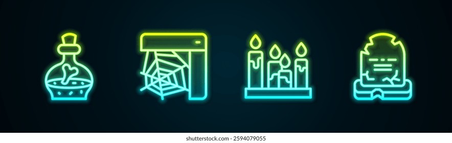 Set line Bottle with potion, Spider web, Burning candle and Tombstone RIP written. Glowing neon icon. Vector