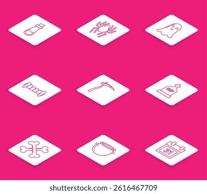 Set line Bottle with potion, Spider, Ghost, Vampire teeth, Scythe, Tombstone RIP, Crossed bones and Halloween witch cauldron icon. Vector