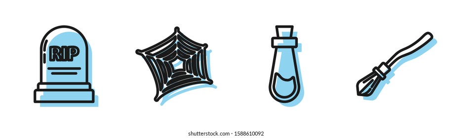 Set line Bottle with potion , Tombstone with RIP, Spider web  and Witches broom  icon. Vector