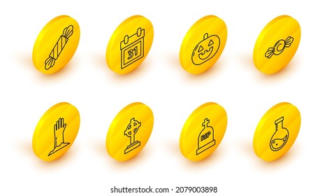 Set line Bottle with potion, Tombstone RIP, cross, Zombie hand, Candy, Pumpkin, Calendar Halloween date 31 october and  icon. Vector