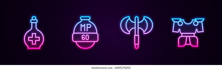 Set line Bottle with potion, Video game bar, Medieval poleaxe and Body armor. Glowing neon icon. Vector