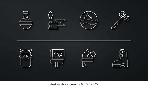 Línea Botella con poción, cabeza de vikingo, poleaxia medieval, casco con cuernos, libro, lanza, botas viking antiguas e icono de mar y olas. Vector