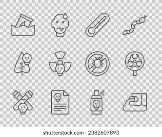 Set line Bottle with potion, Wastewater, Thermometer, Radiation warning document, Radioactive waste barrel, Spray against insects and Biohazard symbol icon. Vector