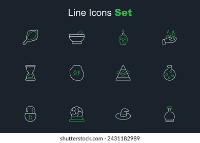 Set line Bottle with potion, Witch hat, Magic ball, Open padlock, All-seeing eye of God, runes and Old hourglass icon. Vector