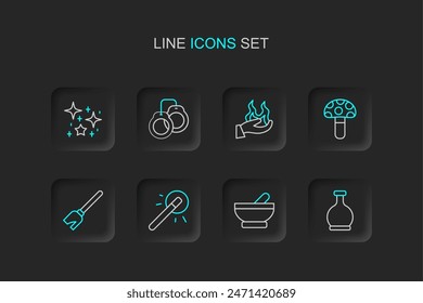 Set line Bottle with potion, Witch cauldron, Magic wand, Witches broom, Psilocybin mushroom, Hand holding fire, Handcuffs and Magical glitter particles icon. Vector