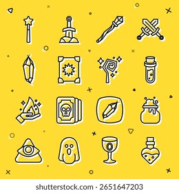 Set line Bottle with potion, Witch cauldron, Magic staff, Ancient magic book, stone, wand and  icon. Vector