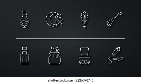 Línea Botella con poción, escoba de brujas, mago, caldero, luna y estrellas, piedra y espada en el icono del fuego. Vector
