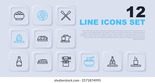 Set line Bottle of sake, Cup tea, Fish with sliced pieces, Ramen soup bowl, Chinese egg, steak, Served cucumber on plate and Asian noodles paper box icon. Vector