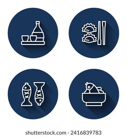 Set line Bottle of sake, Dumpling with chopsticks, Served fish on plate and Rice bowl with long shadow. Blue circle button. Vector