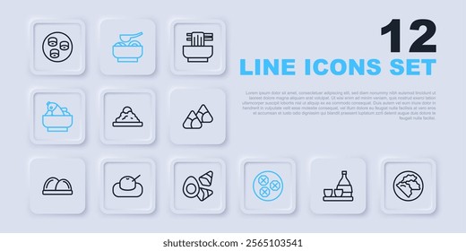 Set line Bottle of sake, Dumpling, Rice bowl, Wonton, with fish, Mochi, Ramen soup and Chicken egg vegerables icon. Vector