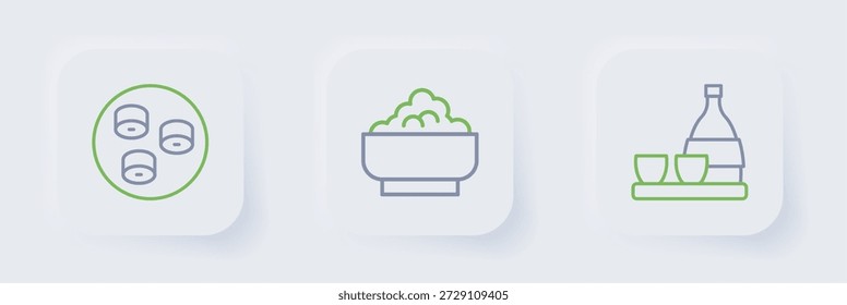 Fije la línea Botella de sake, Arroz en tazón e icono de sushi. Vector