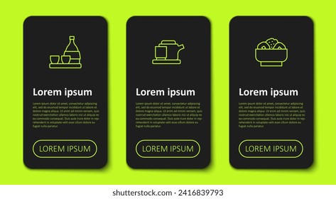 Set line Bottle of sake, Traditional tea ceremony and Chow mein plate. Business infographic template. Vector