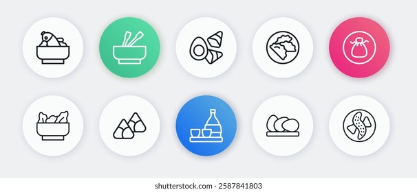 Set line Bottle of sake, Wonton, Chicken egg, Dumpling, with vegerables, Served cucumber plate and Zongzi bamboo steamer icon. Vector