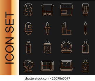 Set line Bottle of shampoo, Cotton swab for ears, Cream lotion cosmetic tube, Pipette, Antiperspirant deodorant roll, Sponge with bubbles and Lipstick icon. Vector