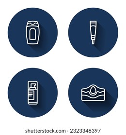 Fijar la línea Botella de champú, tubo cosmético crema o loción, espuma de gel y Acné con sombra larga. Botón de círculo azul. Vector
