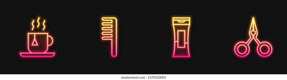 Set line Bottle of shampoo, Cup tea with tea bag, Hairbrush and Scissors. Glowing neon icon. Vector