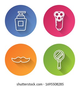 Set line Bottle of shampoo, Electric razor blade for men, Mustache and Hand mirror. Color circle button. Vector