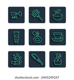 Set line Bottle of shampoo, Electrical hair clipper, Hairdresser pistol spray bottle, Washbasin, Aftershave, Cream cosmetic tube,  and Coffee cup icon. Vector