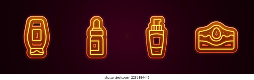 Set line Bottle of shampoo, Essential oil bottle, Tube hand cream and Acne. Glowing neon icon. Vector