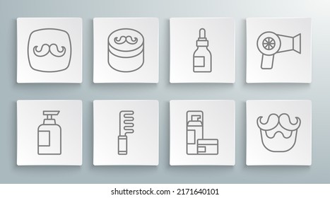 Set line Bottle of shampoo, Gel or wax for hair styling, Hairbrush, Shaving gel foam, Mustache and beard, Oil bottle, dryer and Barbershop icon. Vector