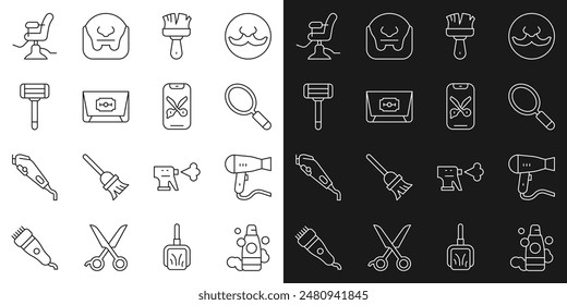 Set line Bottle of shampoo, Hair dryer, Hand mirror, Shaving brush, Blade razor, Barbershop chair and online service platform icon. Vector