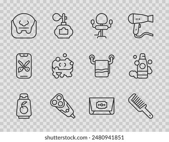 Set line Bottle of shampoo, Hairbrush, Barbershop chair, Electric razor blade, Mustache and beard, soap with foam, Blade and  icon. Vector