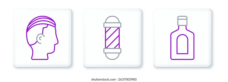 Set line Bottle of shampoo, Hairstyle for men and Classic Barber shop pole icon. Vector