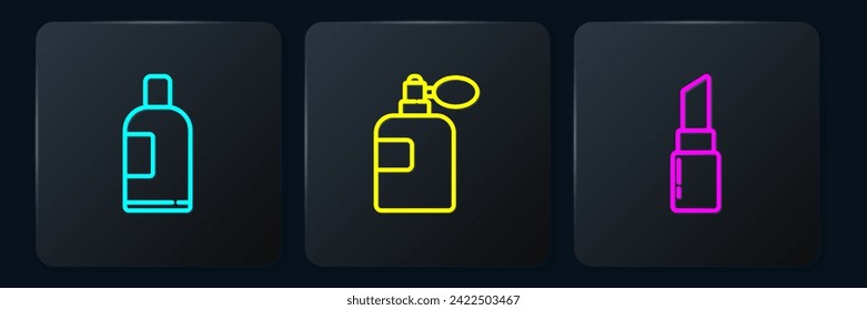 Set line Bottle of shampoo, Lipstick and Perfume. Black square button. Vector