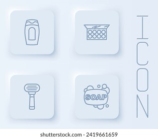 Set line Bottle of shampoo, Makeup powder with mirror, Shaving razor and Bar soap. White square button. Vector